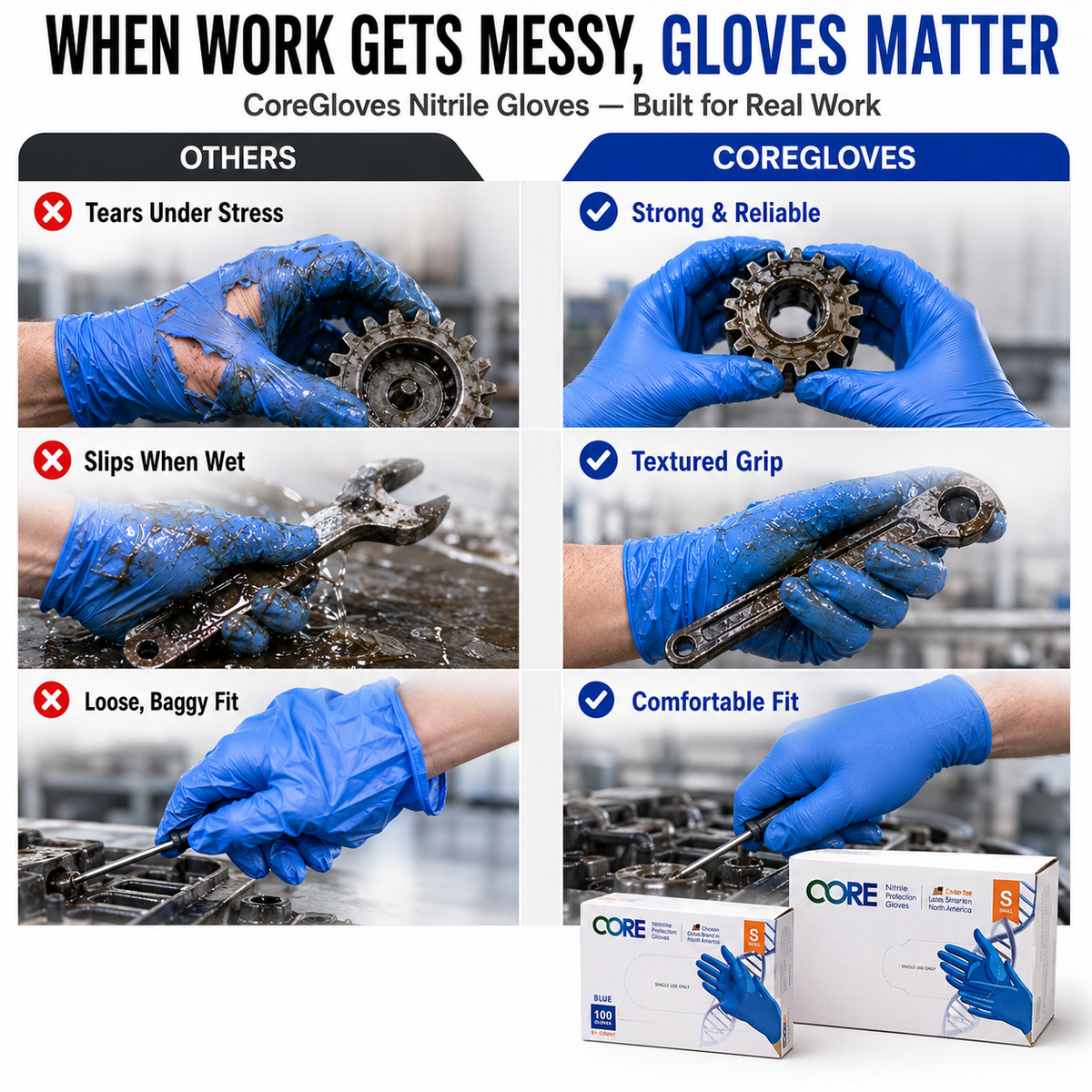 Heavy Duty - 6 Mil Long Cuff - Nitrile Industrial Gloves - Powder-Free, Latex-Free - 1000 Gloves