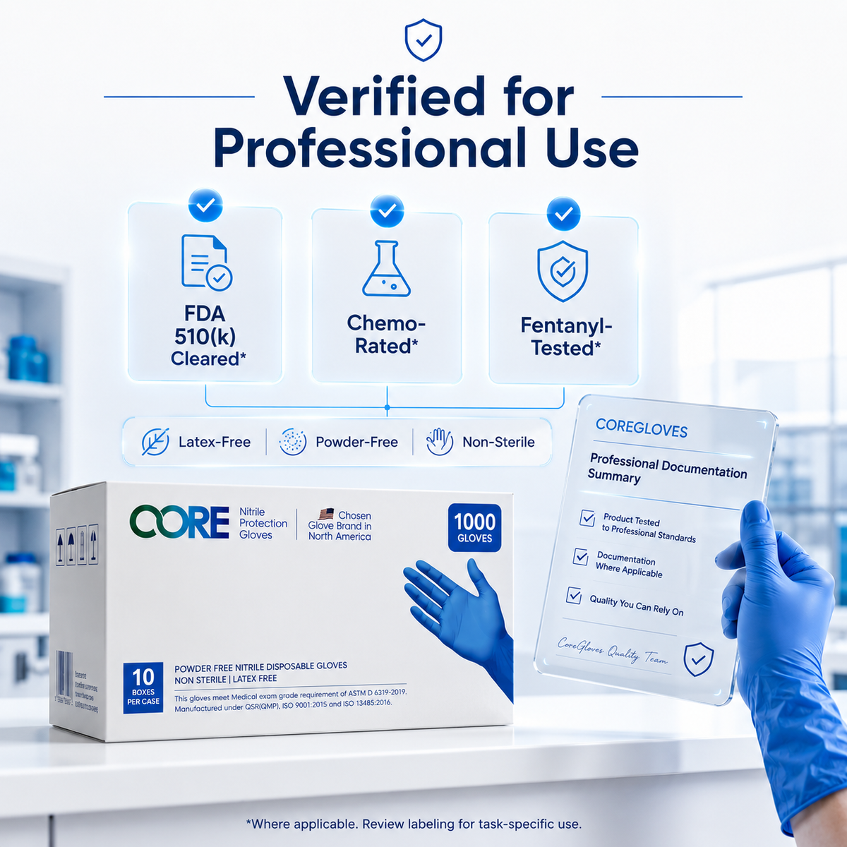 Standard 4 MIL - Nitrile Medical Exam Gloves Chemo rated Fentanyl tested-  Powder-Free, Latex-Free - 1000 Gloves